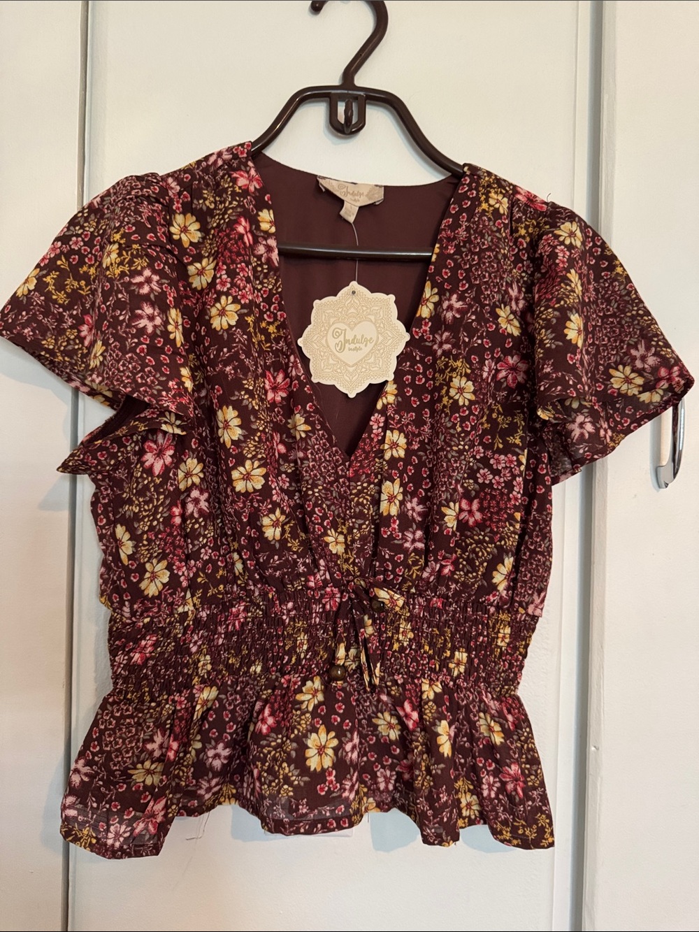 She + Sky Burgundy Floral Wrap Peplum Top with Yellow & Pink Flowers